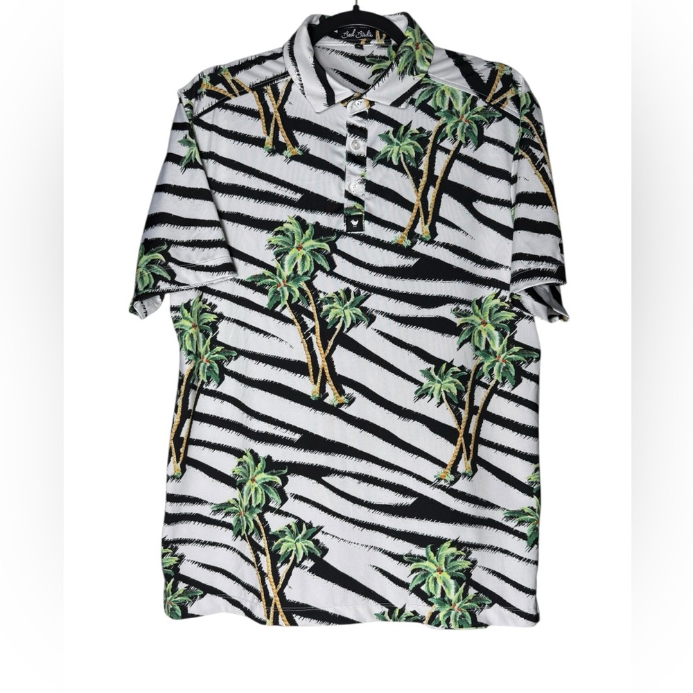 Bad Birdie Golf Polo Sz Medium Palm Tree Zebra Stripes Print Stretch Polyester